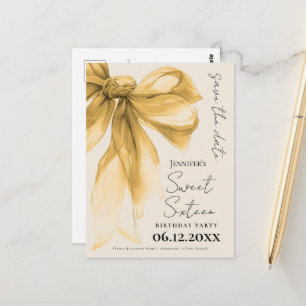 Elegant Gold Bow Coquette Sweet 16 Save the Date  Postcard