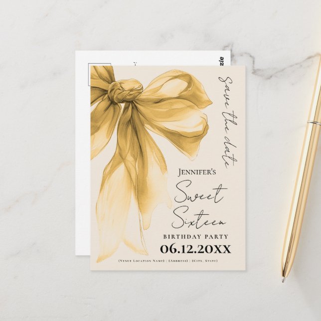 Elegant Gold Bow Coquette Sweet 16 Save the Date  Postcard (Front/Back In Situ)