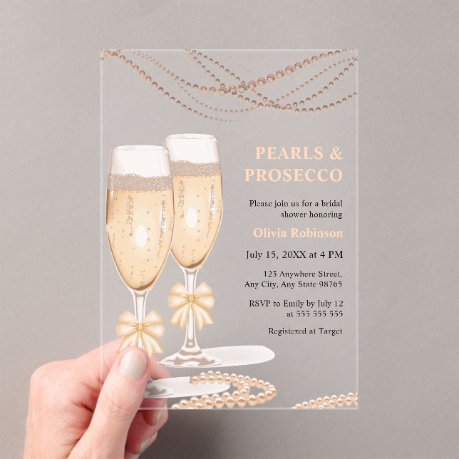 Elegant Gold Bow Pearls and Prosecco Bridal Shower Acrylic Invitations (Insitu (Handheld))