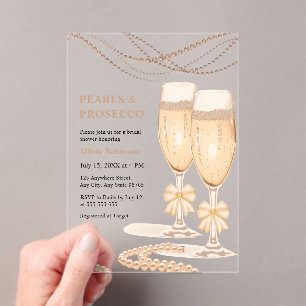 Elegant Gold Bow Pearls and Prosecco Bridal Shower Acrylic Invitations