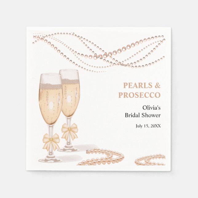 Elegant Gold Bow Pearls and Prosecco Bridal Shower Napkin (Front)