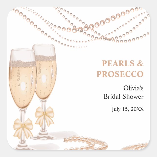 Elegant Gold Bow Pearls and Prosecco Bridal Shower Square Sticker (Front)