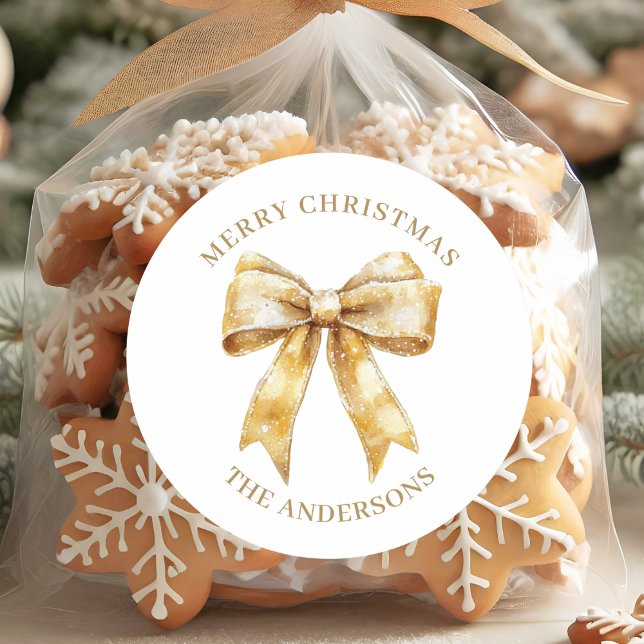 Elegant Gold Bow Personalised Christmas Classic Round Sticker (Creator Uploaded)