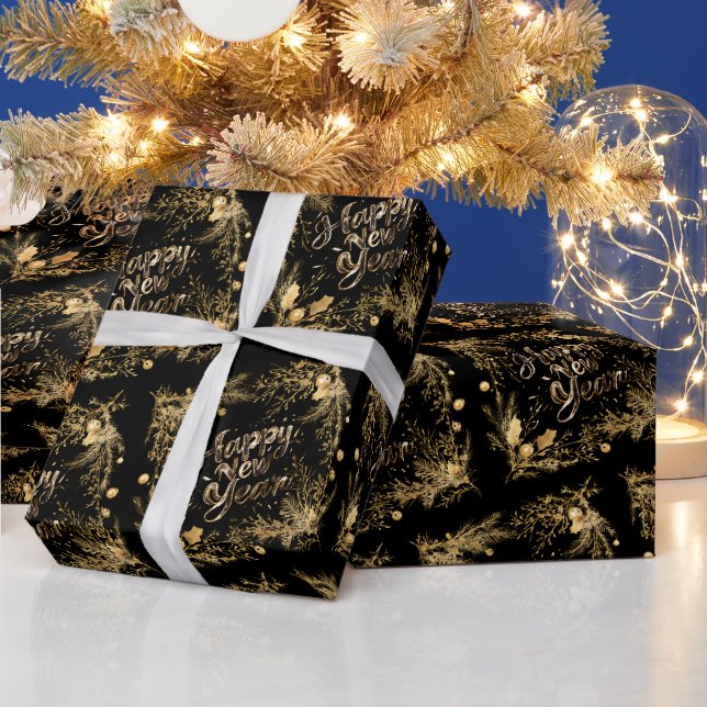 Elegant Gold Branch Pattern Happy New Year Wrapping Paper (Holidays)