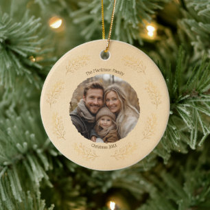 Elegant Gold Branches Family Photo Christmas Beige Ceramic Tree Decoration