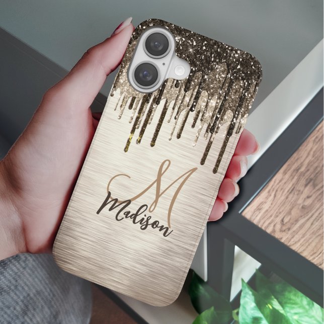 Elegant gold brown drips glitter monogram Case-Mat Case-Mate iPhone Case (Creator Uploaded)