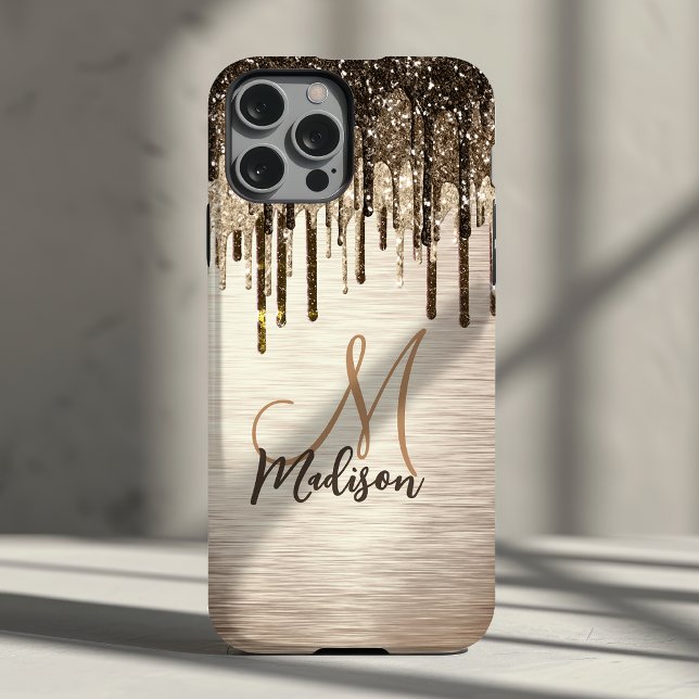 Elegant gold brown drips glitter monogram Case-Mate iPhone case (Creator Uploaded)