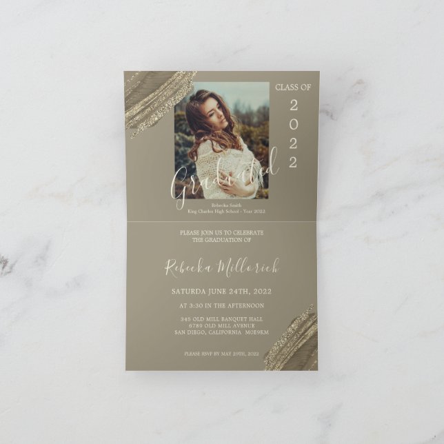 Elegant Gold Brown Green Graduation Party Photo Invitation (Inside)