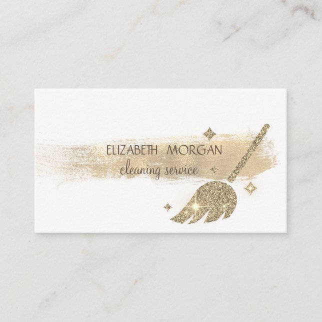 Elegant  Gold Brush Stroke,Broom, Maid Cleaning  Business Card (Front)