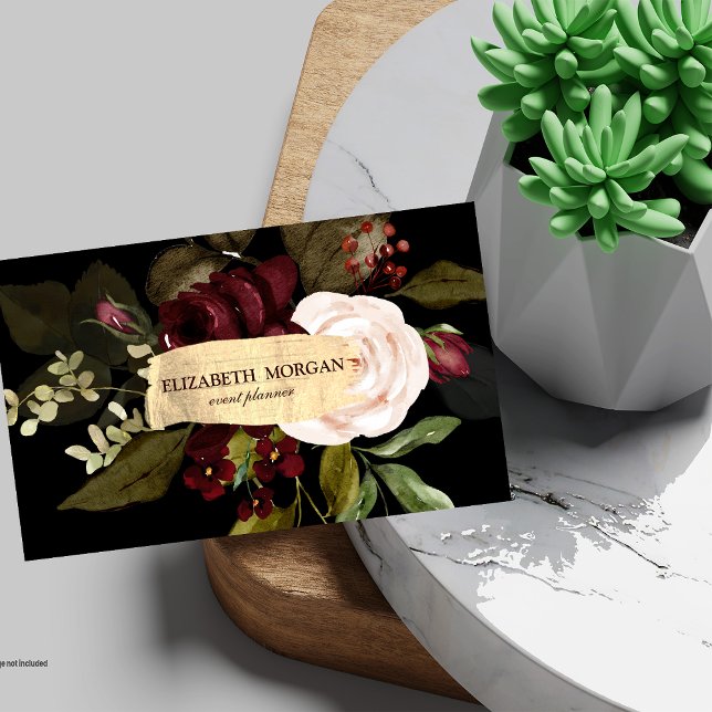 Elegant Gold Brush Stroke,Burgundy Flowers  Business Card (Creator Uploaded)
