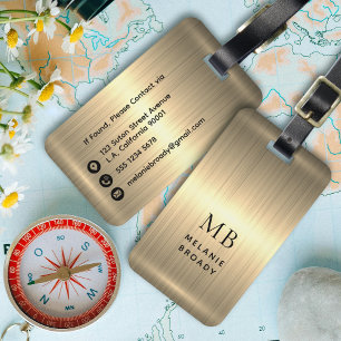 Elegant Gold Brushed Metallic Initials Monogrammed Luggage Tag