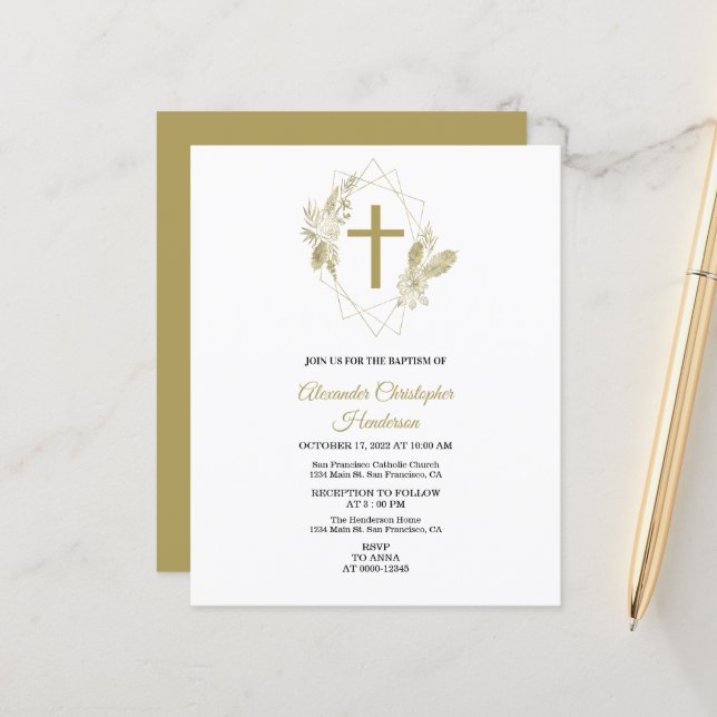 Elegant Gold/BUDGET/Baptism Invitation. (Front/Back In Situ)