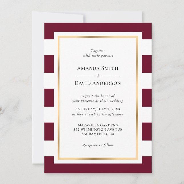 Elegant Gold Burgundy and White Striped Wedding Invitation (Front)