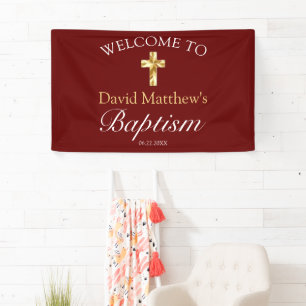 Elegant Gold Burgundy Baby Baptism Welcome Banner