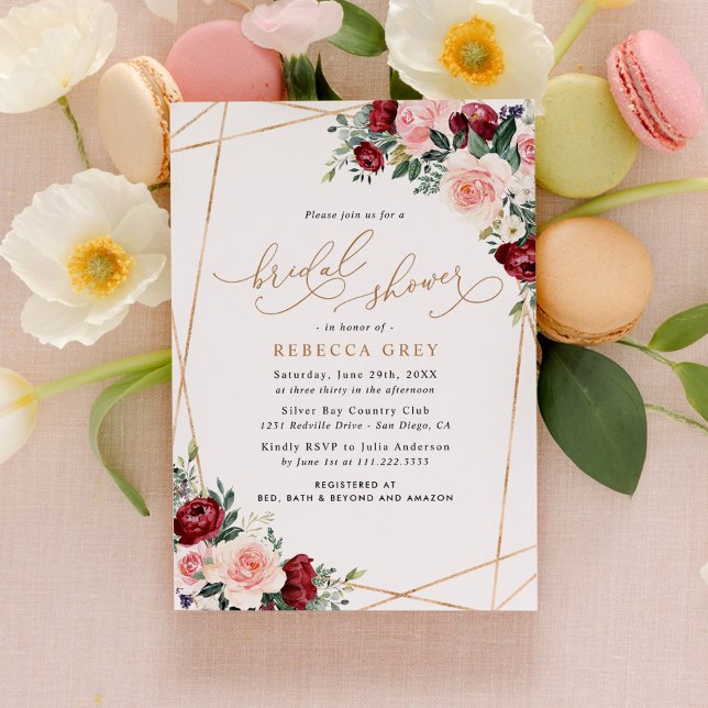 Elegant Gold Burgundy Blush Floral Bridal Shower Invitation (Creator Uploaded)