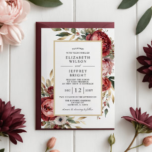 Elegant Gold Burgundy Blush Floral Wedding Invitation