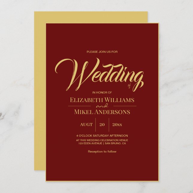 Elegant Gold Burgundy Budget Wedding Invitation (Front/Back)