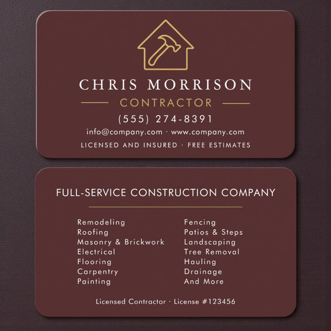 Elegant Gold & Burgundy Builder Contractor Business Card (Creator Uploaded)