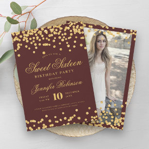 Elegant Gold Burgundy Confetti Photo Sweet 16 Invitation