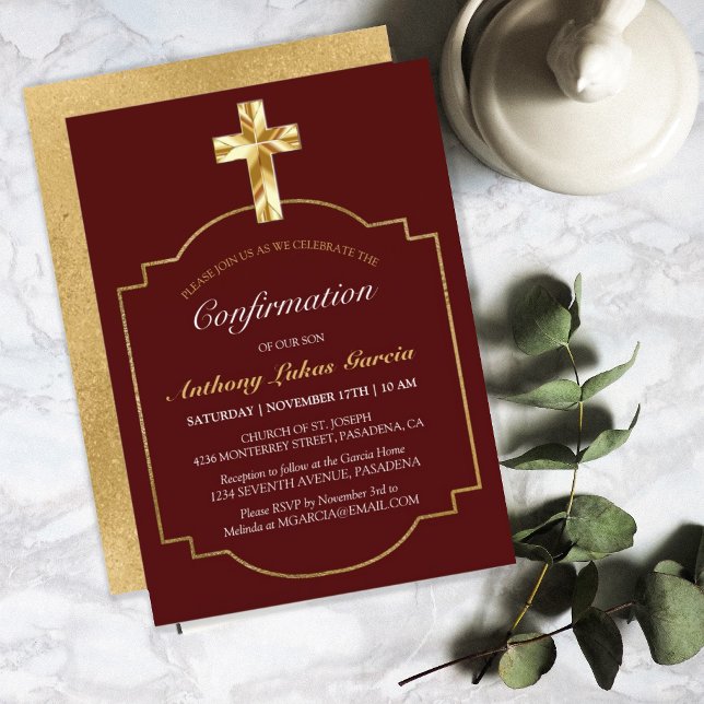 Elegant Gold Burgundy Cross Boys Confirmation  Invitation (Creator Uploaded)