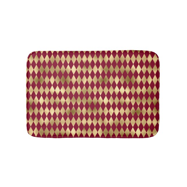 Elegant Gold Burgundy Diamond Pattern Bath Mat (Front)