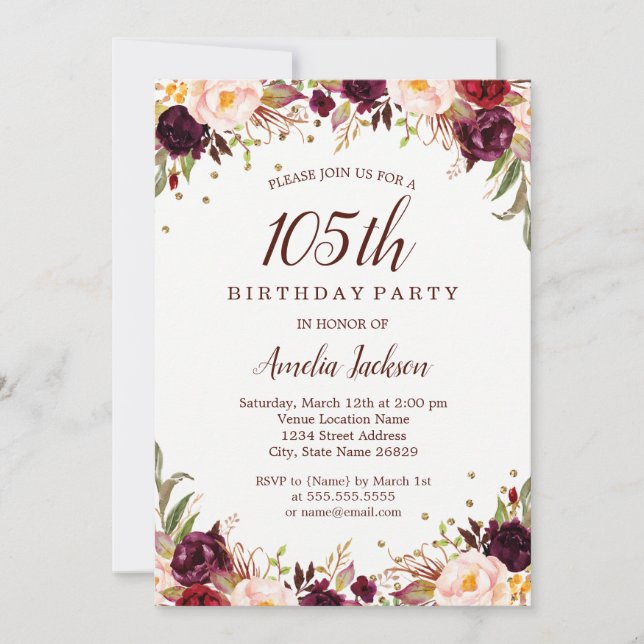 Elegant Gold Burgundy Floral 105th Birthday Party Invitation (Front)