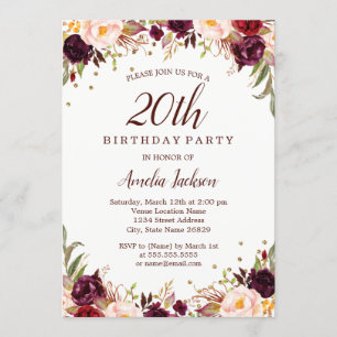Elegant Gold Burgundy Floral 20th Birthday Party Invitation