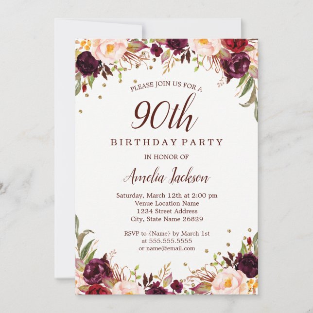 Elegant Gold Burgundy Floral 90th Birthday Party Invitation (Front)
