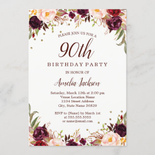 Elegant Gold Burgundy Floral 90th Birthday Party Invitation