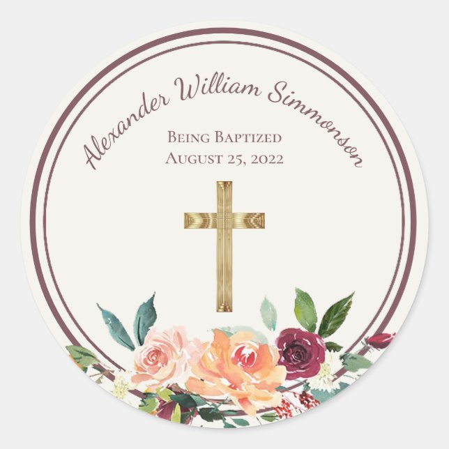 Elegant Gold Burgundy Floral Baby Christening Classic Round Sticker (Front)