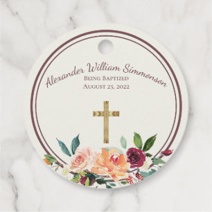 Elegant Gold Burgundy Floral Baby Christening Favour Tags