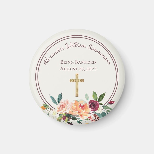 Elegant Gold Burgundy Floral Baby Christening Magnet (Front)
