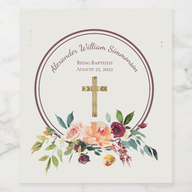 Elegant Gold Burgundy Floral Baby Christening  Wine Label (Single Label)