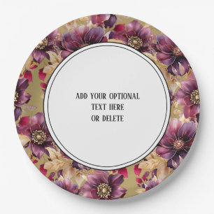 Elegant Gold Burgundy Floral pattern border Paper Plate