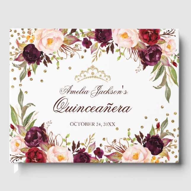 Elegant Gold Burgundy Floral Quinceanera Guest Book (Front)