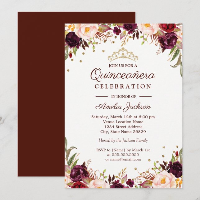 Elegant Gold Burgundy Floral Quinceanera Invitation (Front/Back)