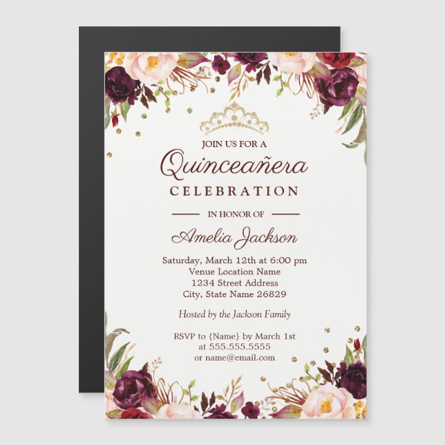 Elegant Gold Burgundy Floral Quinceanera Magnetic Invitation (Front/Back)