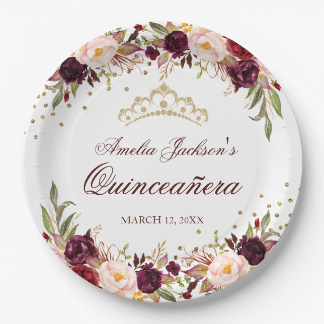 Elegant Gold Burgundy Floral Quinceanera Paper Plate (Front)