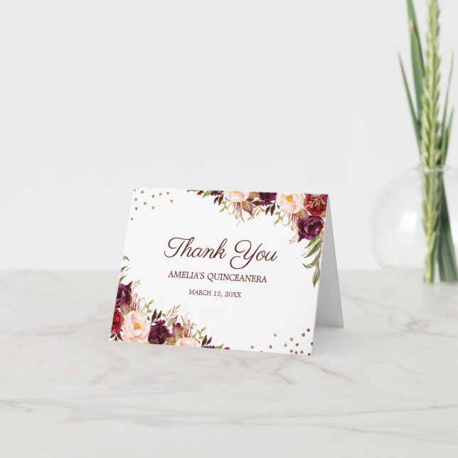 Elegant Gold Burgundy Floral Quinceanera Thank You Card (Front)
