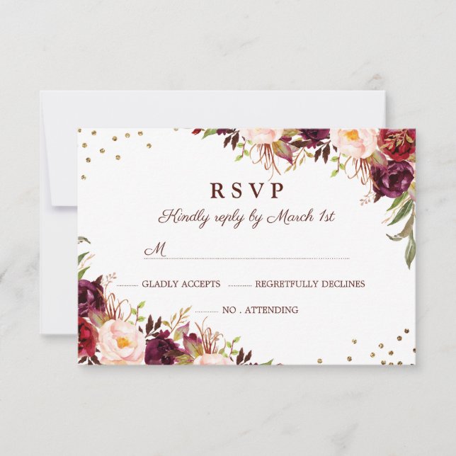 Elegant Gold Burgundy Floral RSVP Card (Front)