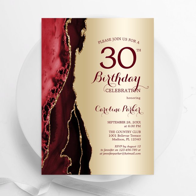 Elegant Gold Burgundy Red Agate 30th Birthday Invitation (Creator Uploaded)