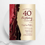 Elegant Gold Burgundy Red Agate 40th Birthday Invitation<br><div class="desc">Dark burgundy red and gold agate 40th birthday party invitation. Elegant modern design featuring agate marble geode background,  faux glitter gold and typography script font. Trendy invite card perfect for a stylish women's bday celebration. Printed Zazzle invitations or instant download digital printable template.</div>