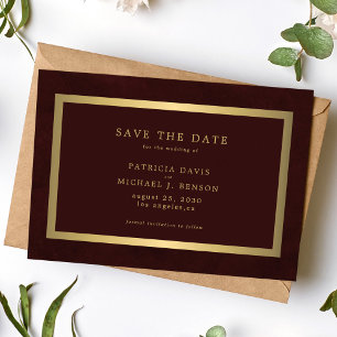 Elegant gold burgundy simple typography wedding save the date