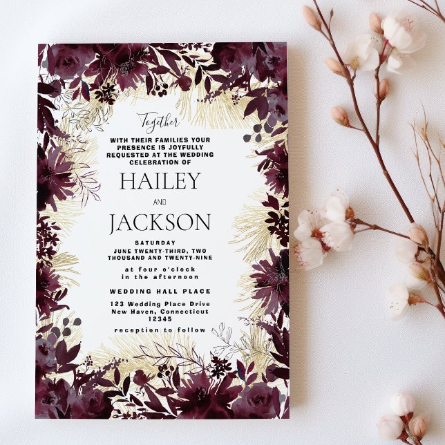 Elegant gold burgundy watercolor floral wedding invitation (Elegant gold burgundy watercolor floral wedding)