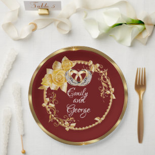 Elegant Gold Burgundy Wedding Personalised Paper Plate
