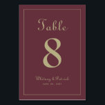 Elegant Gold Burgundy Wedding Reception Dinner Table Number<br><div class="desc">Wedding Table Number event party sign design features a classic elegance with contemporary chic gold-tone colour on a classic burgundy background. Personalise wedding table design with your name, wedding date, and table number in trendy lettering and script. The back of the card is a duplicate of the front. Follow our...</div>