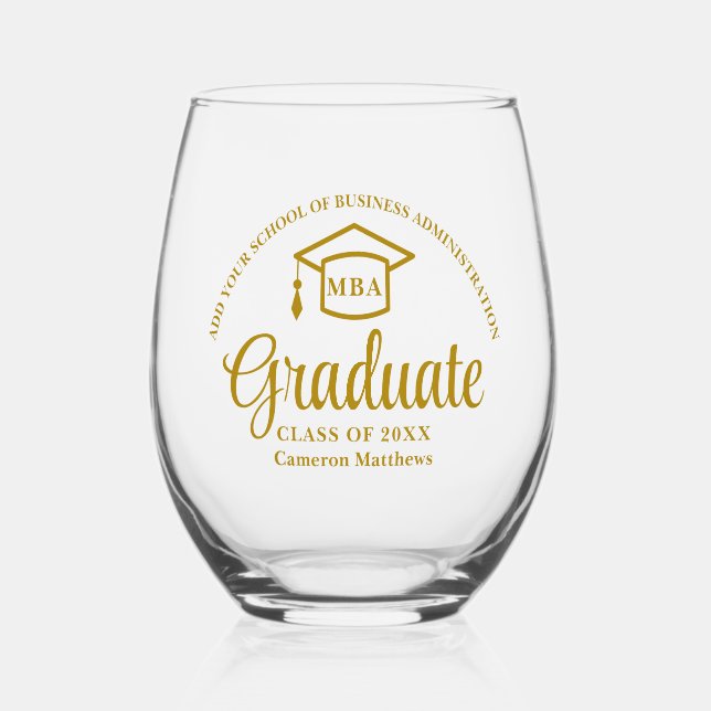 Elegant Gold Business School Graduation MBA Stemless Wine Glass (Front)