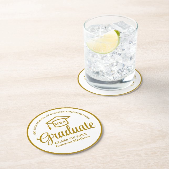 Elegant Gold Business School Graduation Party Round Paper Coaster (Insitu)