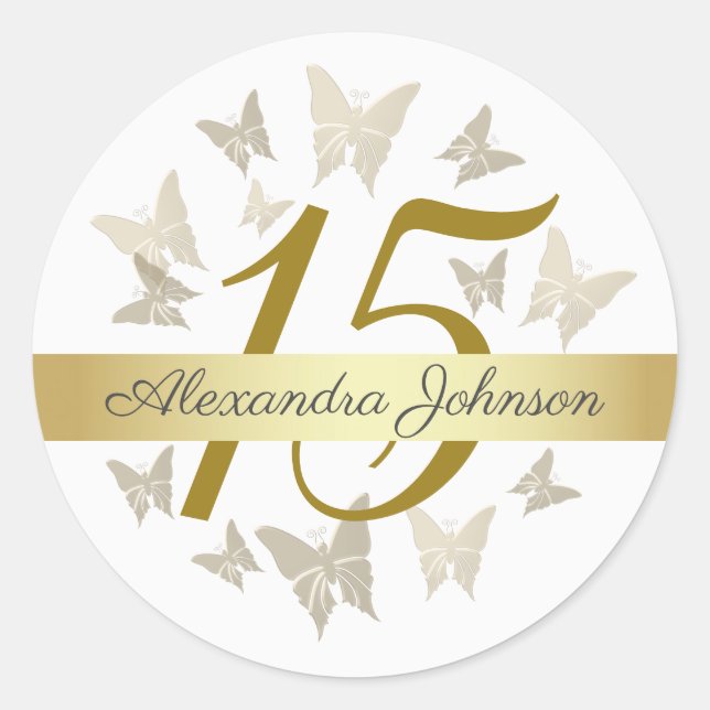 Elegant Gold Butterflies 15th Birthday Quinceanera Classic Round Sticker (Front)