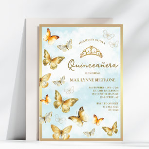 Elegant Gold Butterfly Blue Quinceañera Invitation
